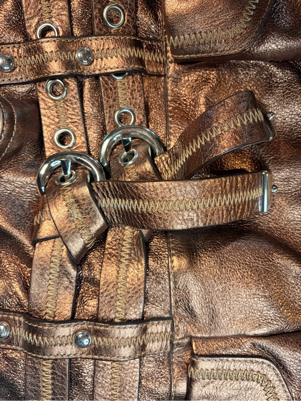 B. Makowsky Bronze Metallic Leather Shoulder Tote Bag Multi Pocket Satchel - Picture 5 of 5